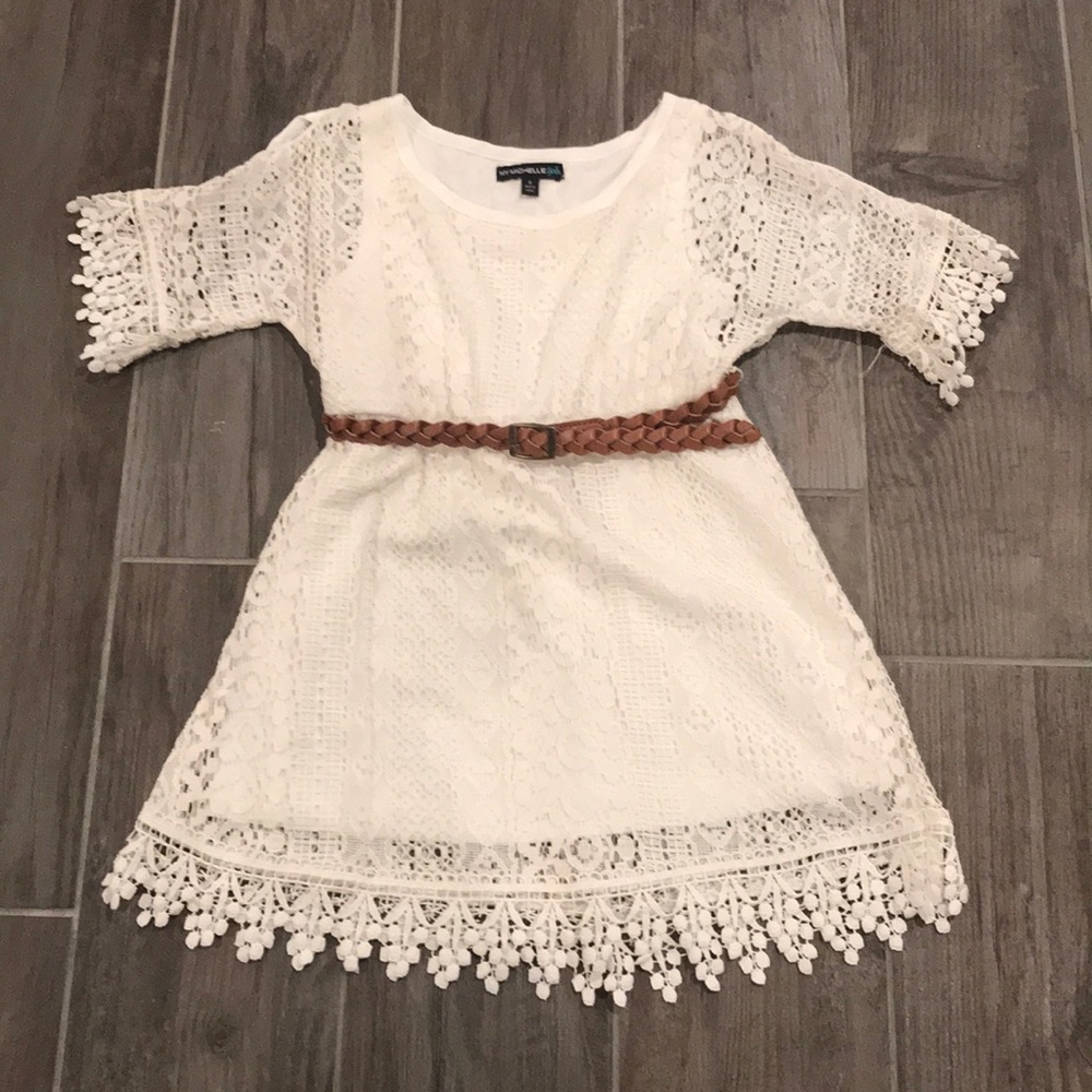 Lace crochet S/S Dress w/ Leather Braided Belt